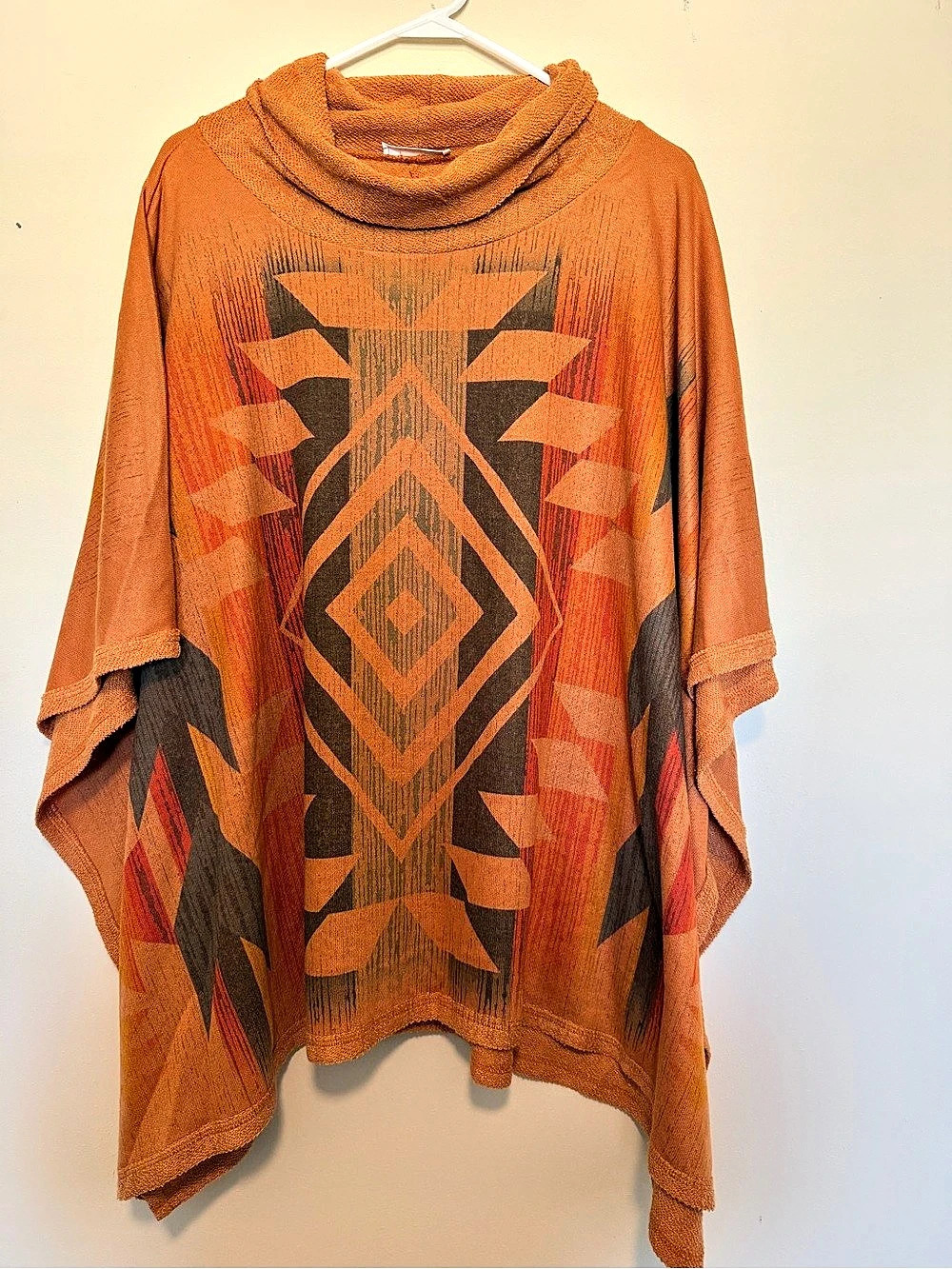 Phil Love Geometric Poncho Tunic in Orange & Brown Size Large